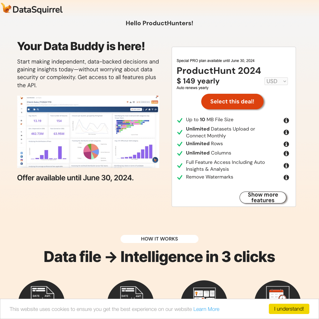DataSquirrel.ai - ProductHunt 2024 - Anyone Can Analyze Data. Guided or fully automatic.