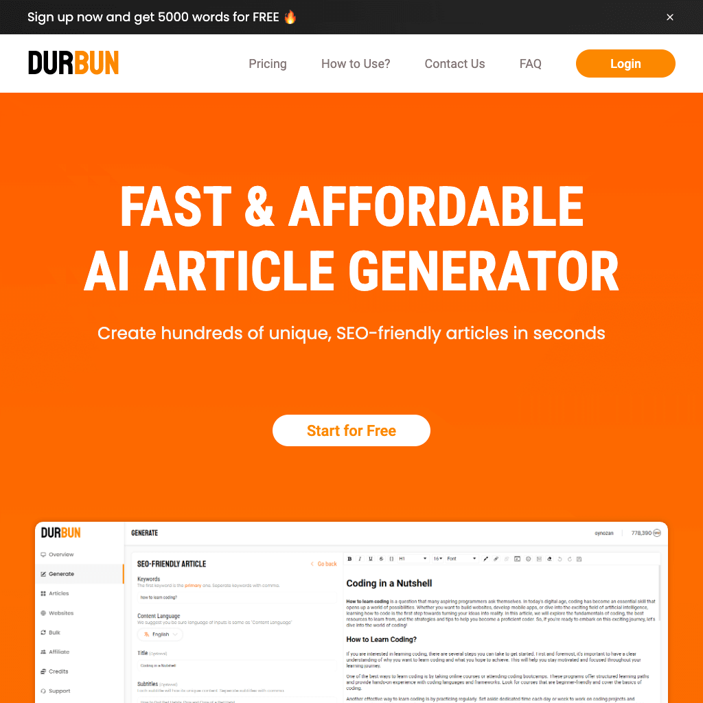 DURBUN | Generate SEO-friendly AI Articles in seconds