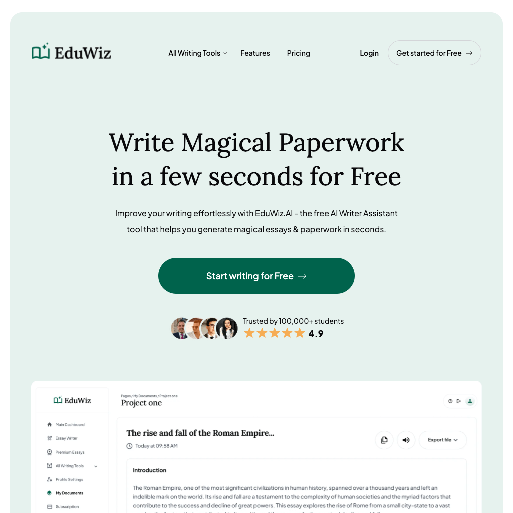 Write Magical Paperwork in a few seconds for Free with the best Academic AI Assistant - EduWiz.AI