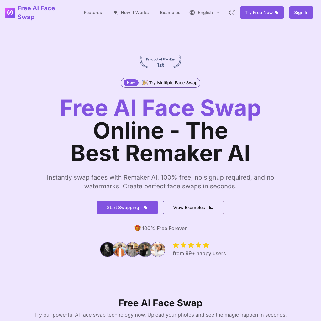 Free AI Face Swap Online - The Best Remaker AI