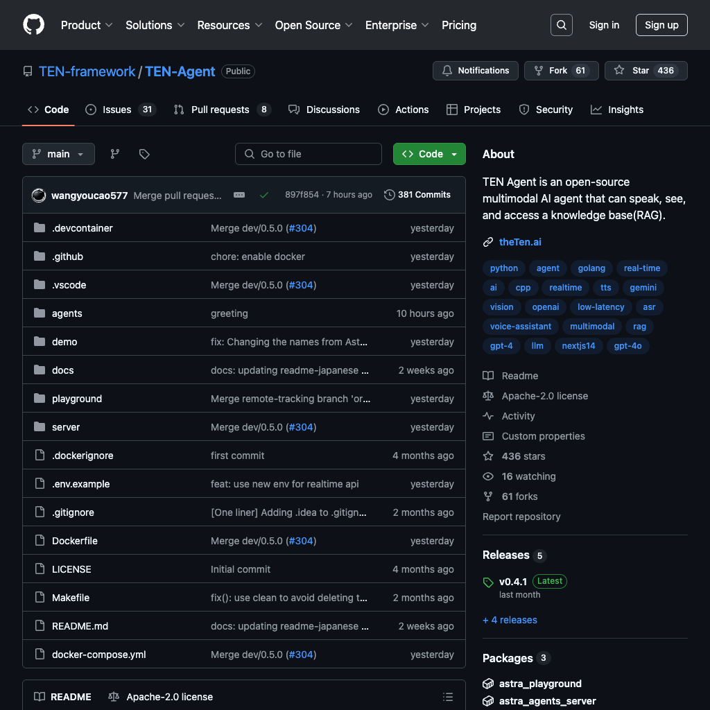 GitHub - TEN-framework/TEN-Agent: TEN Agent is an open-source multimodal AI agent that can speak, see, and access a knowledge base(RAG).