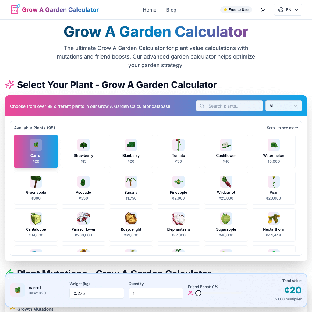 Grow A Garden Calculator | Plant Value Calculator