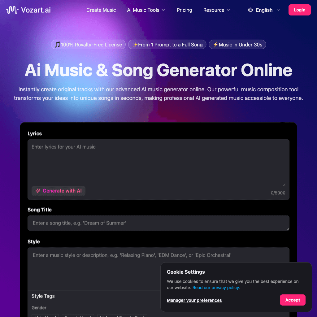 Vozart AI Music & Lyrics Generator | vozart.ai Music Generator