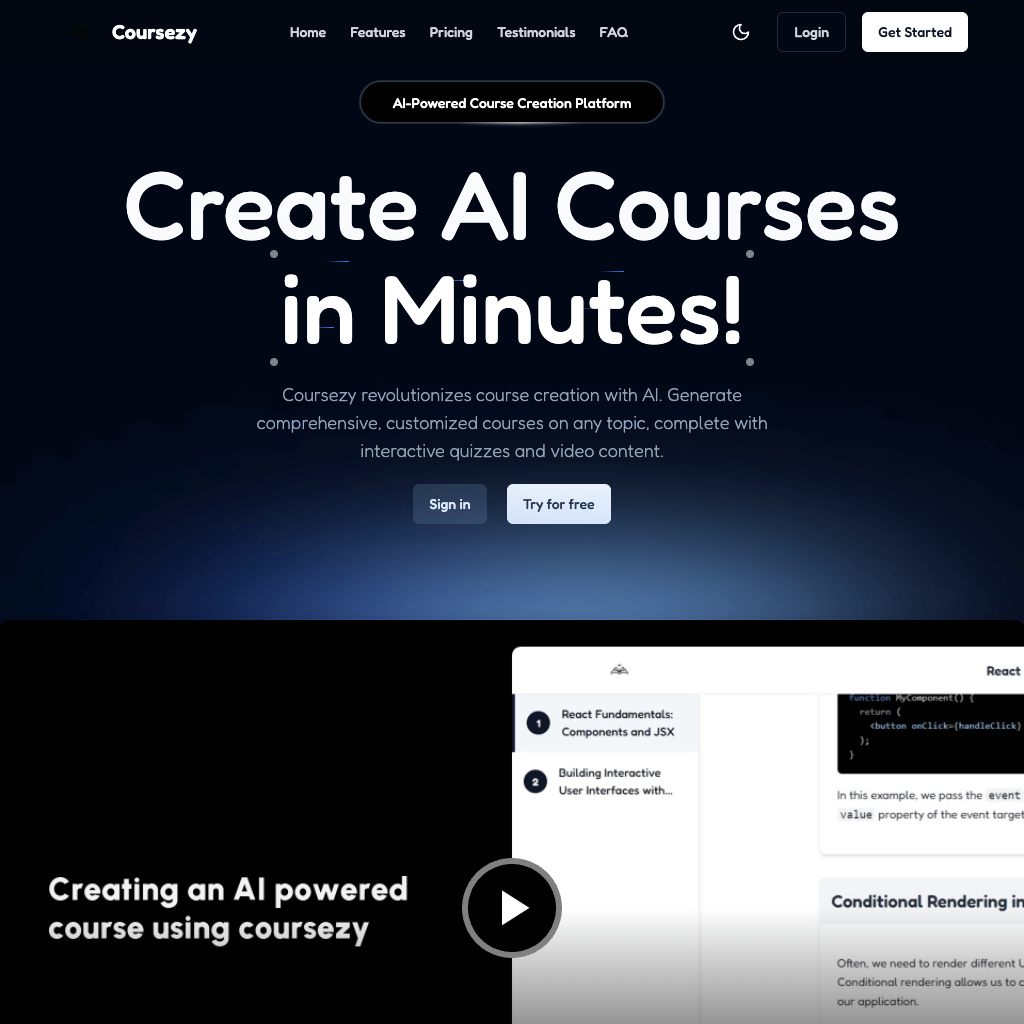 Coursezy revolutionizes course creation with AI. Generate comprehensive, customized courses on any topic, complete with interactive quizzes and video content.