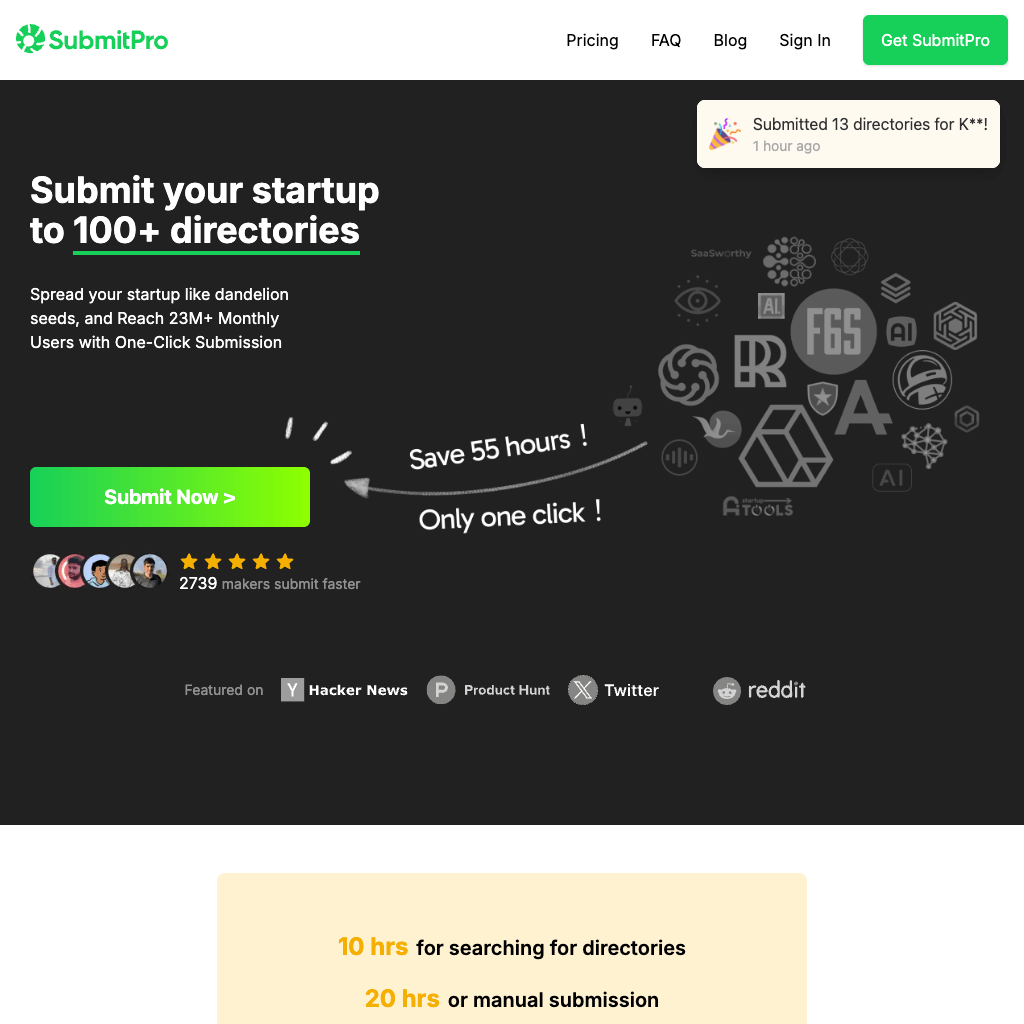 SubmitPro - Quick Startup Submission to 100+ Directories with One-Click